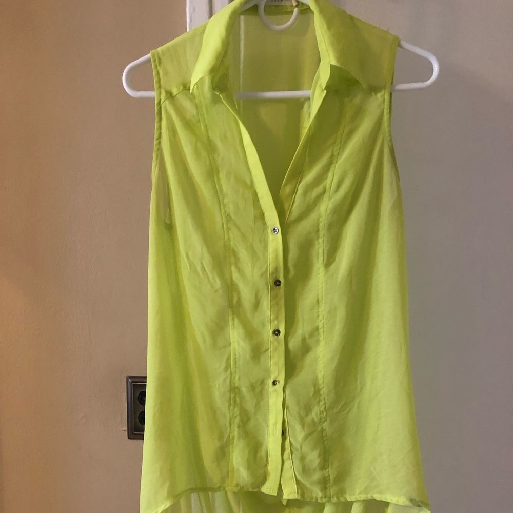 High low neon green button down
